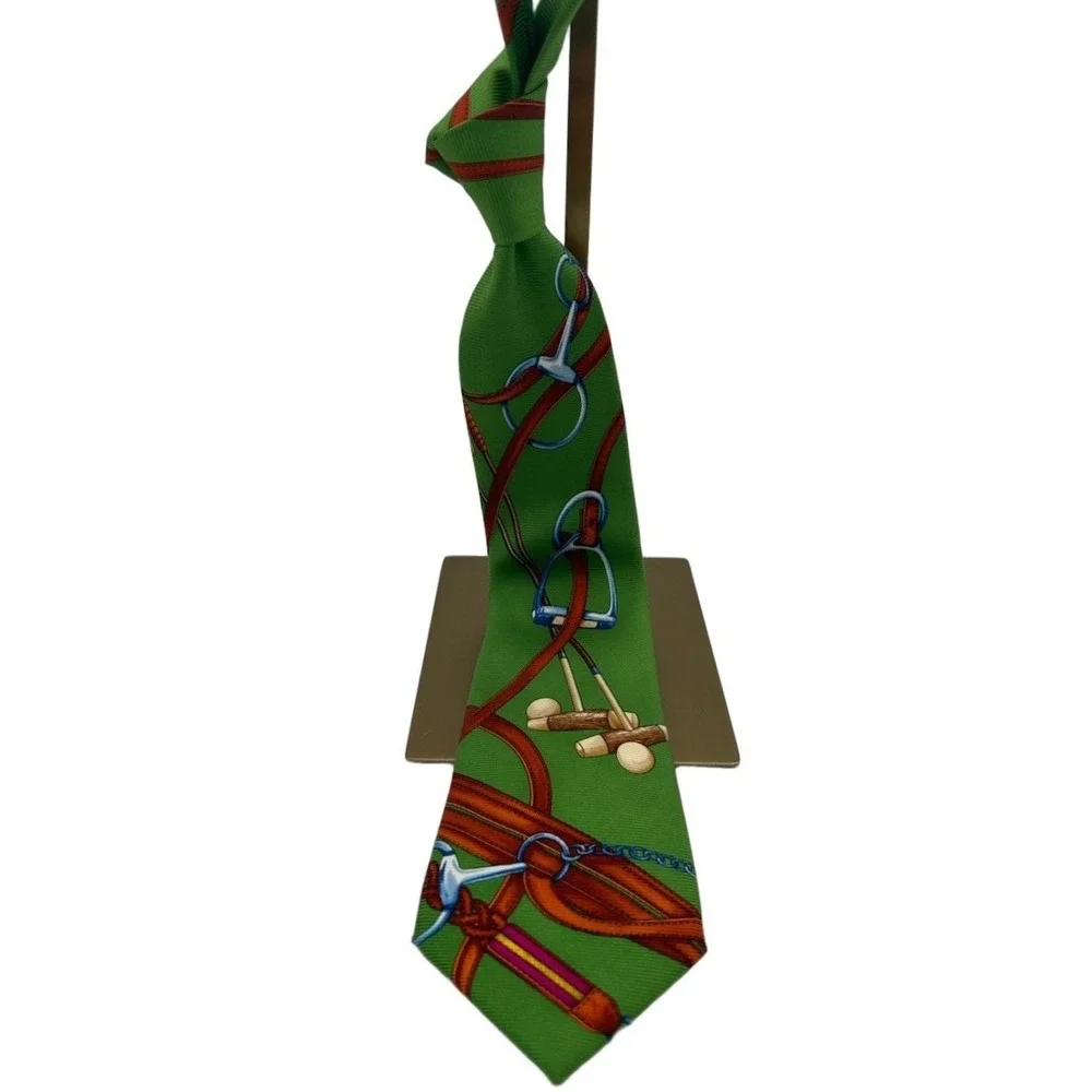 Vintage Polo Ralph Lauren 100% Silk Tie Men's Green Equestrian Stirrup Horse Bit